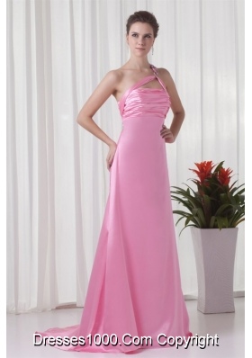 Pretty One Shoulder Brush Train Pink Prom Evening Dress