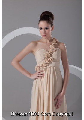 Champagne One Shoulder Chiffon Prom Dress with Hand Flowers