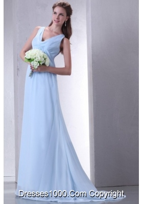 Discount Empire V-neck Light Blue Prom Dress with Ruching