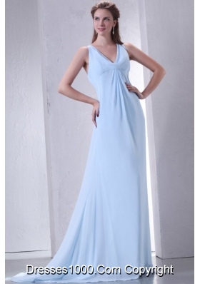 Discount Empire V-neck Light Blue Prom Dress with Ruching