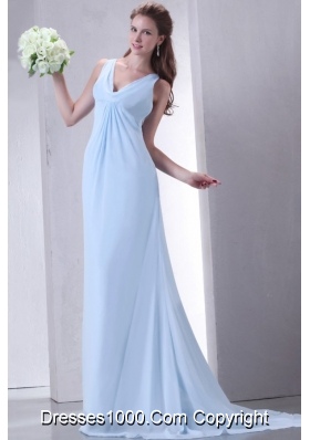 Discount Empire V-neck Light Blue Prom Dress with Ruching