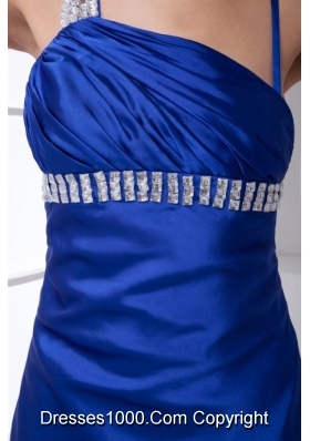 Perfect Backless Blue Column Prom Gown with Brush Train and Beading