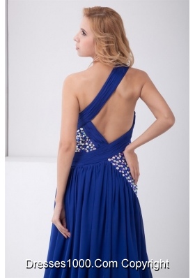 Perfect Backless Blue Column Prom Gown with Brush Train and Beading