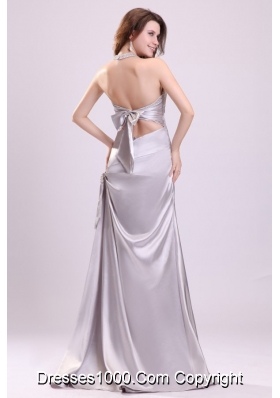 Column Gray Ruching Beading Halter Top Floor-length Prom Dress