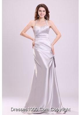 Column Gray Ruching Beading Halter Top Floor-length Prom Dress