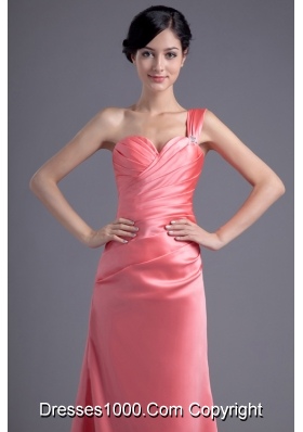 Watermelon Column One Shoulder Ruching Prom Dress in Satin