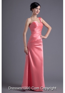 Watermelon Column One Shoulder Ruching Prom Dress in Satin