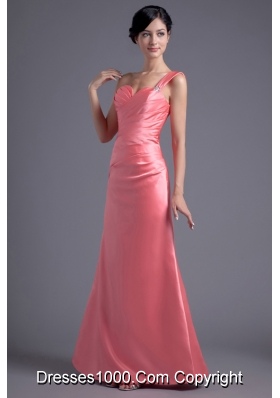 Watermelon Column One Shoulder Ruching Prom Dress in Satin