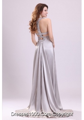 Noble Silver Straps Beading and Ruching High Slit Prom Dress