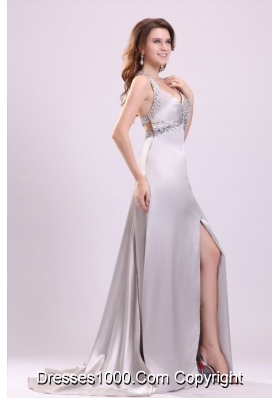 Noble Silver Straps Beading and Ruching High Slit Prom Dress