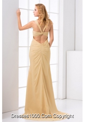 Pretty Champagne Chiffon Formal Evening Dress With Brush Train