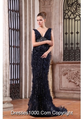 Column V-neck Navy Blue Brush Train Prom Dress with Sequins