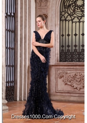 Column V-neck Navy Blue Brush Train Prom Dress with Sequins