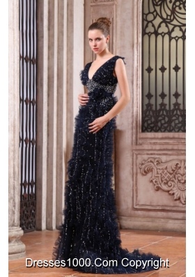 Column V-neck Navy Blue Brush Train Prom Dress with Sequins