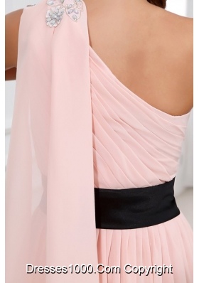 Baby Pink Empire One Shoulder Chiffon Appliques Prom Dress