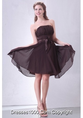 Elegant Strapless Short Brown Prom Gown with Sash and Ruching