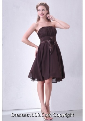 Elegant Strapless Short Brown Prom Gown with Sash and Ruching