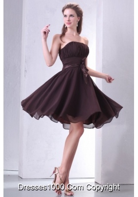 Elegant Strapless Short Brown Prom Gown with Sash and Ruching