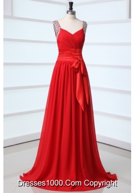 Elegant Column V-neck Red Chiffon Prom Dress with Beading