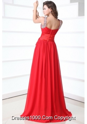 Elegant Column V-neck Red Chiffon Prom Dress with Beading