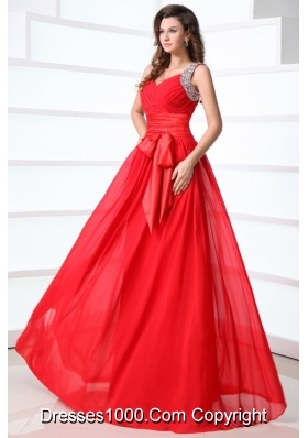 Elegant Column V-neck Red Chiffon Prom Dress with Beading