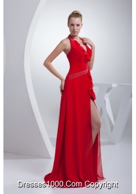 Wonderful Red Empire Chiffon Prom Dress with Brush Train