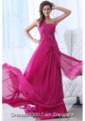 Gorgeous Fuchsia Chiffon One Shoulder Prom Dresses with Ruching