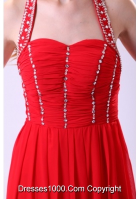 Red Empire Halter Beading Floor-length Chiffon Prom Evening Dress