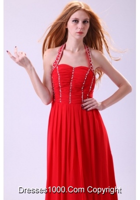 Red Empire Halter Beading Floor-length Chiffon Prom Evening Dress