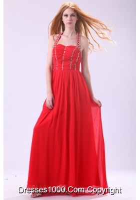 Red Empire Halter Beading Floor-length Chiffon Prom Evening Dress