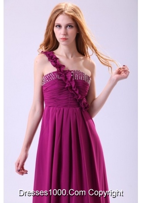 Chiffon Empire One Shoulder Ankle-length Purple Beading Prom Dress