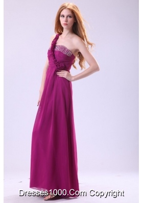 Chiffon Empire One Shoulder Ankle-length Purple Beading Prom Dress