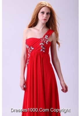 Empire One Shoulder Chiffon Red Prom Dress With Beading