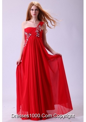 Empire One Shoulder Chiffon Red Prom Dress With Beading