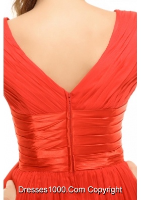 Popular Orange Red Empire V-neck Ruching Chiffon Prom Dress