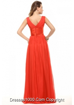 Popular Orange Red Empire V-neck Ruching Chiffon Prom Dress