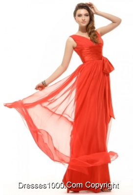 Popular Orange Red Empire V-neck Ruching Chiffon Prom Dress