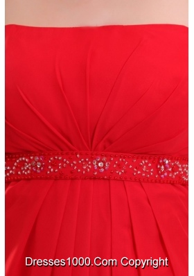 Eye Catching Red Strapless Beading and Ruching Chiffon Prom Dress