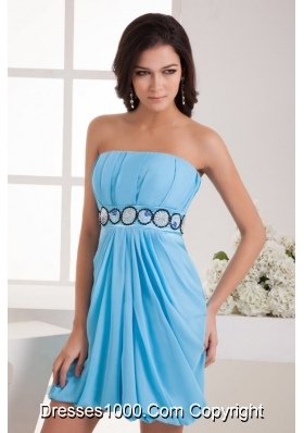 Cute Blue Chiffon Empire Strapless Mini-length Prom Dress