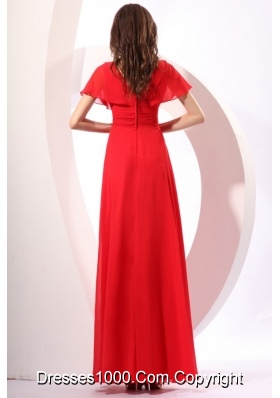 Red Empire V-neck Chiffon Prom Gown Dress with Short Sleeves