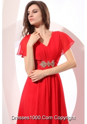 Red Empire V-neck Chiffon Prom Gown Dress with Short Sleeves