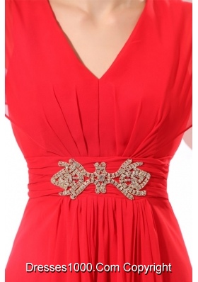 Red Empire V-neck Chiffon Prom Gown Dress with Short Sleeves