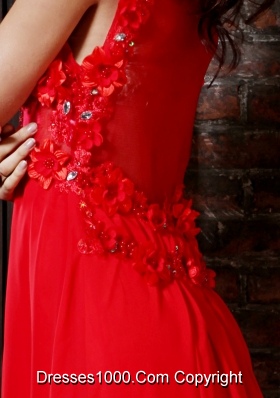 Bright Red V-neck Chiffon High Low Prom Dress with Flowers