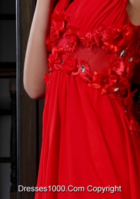 Bright Red V-neck Chiffon High Low Prom Dress with Flowers