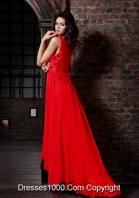 Bright Red V-neck Chiffon High Low Prom Dress with Flowers