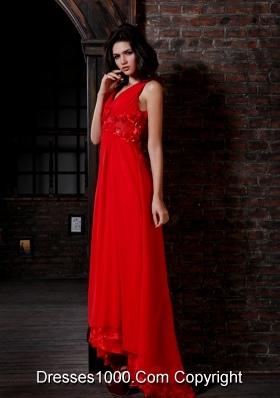 Bright Red V-neck Chiffon High Low Prom Dress with Flowers