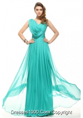 Unique Turquoise Empire V-neck Chiffon Ruching Prom Dress