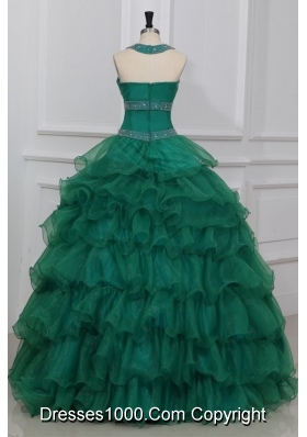 Green Halter Top Beading and Ruffles Layered Quinceanera Dress