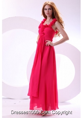 Hot Pink Empire Straps Ankle-length Ruching Chiffon Prom Dress