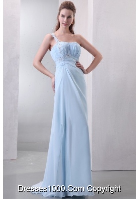 Light Blue One Shoulder Empire Chiffon Prom Dress with Appliques